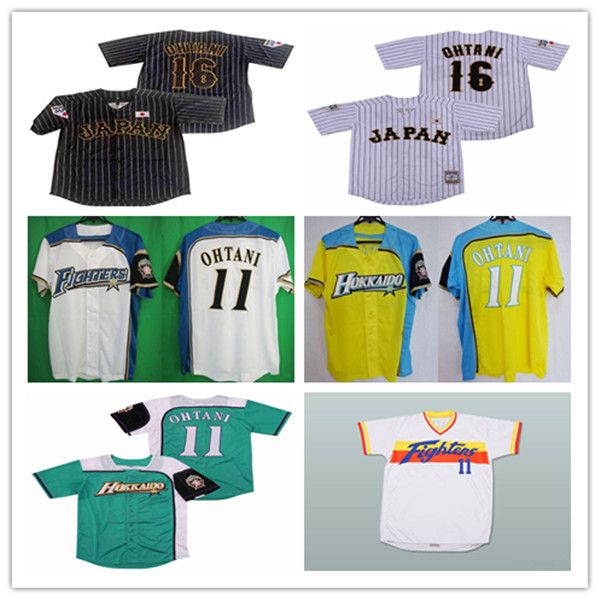 Béisbol personalizado # 16 Shohei Otani # 11 Hokkaido Nippon-Ham Fighters Jerseys Amarillo Azul Blanco A rayas Japón Samurai Uniformes de béisbol Negro