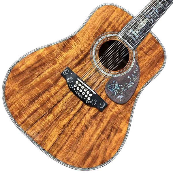 Personnalisé 12 cordes solide KOA dessus en bois guitare ébène touche véritable ormeau reliure et incrustation guitare électrique acoustique