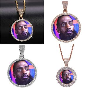 Aangepast 14K MAAKTE FOTO ROUND Medaillons Hanger ketting 3 mm tennisketen Sier Gold Color Zirkon Men Hiphop sieraden