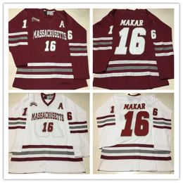 Aangepaste 16 Cale Makar NCAA College Massachusetts Minutemen Hockey Jersey UMass 35 Year East Jerseys Wijnrood Wit Elk naamnummer