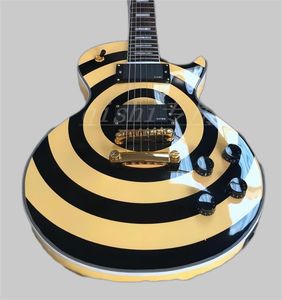 Zakk Wylde bullseye – guitare électrique noire crème, micros EMG 8185, couvercle de tige en treillis doré, bloc de vadrouille blanc, incrustation de touche 258