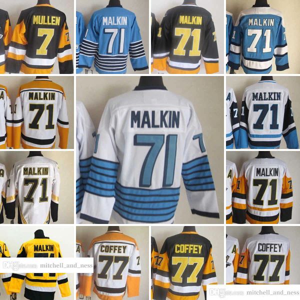 PERSONALIZADO 1967-1999 Película Retro CCM Hockey Jersey bordado 71 Evgeni Malkin 77 Paul Coffey 7 Joe Mullen Vintage Jerseys Blanco Negro Amarillo Bl