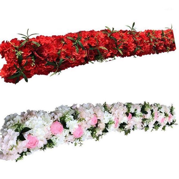 Chemin de table personnalisé en rangée de fleurs artificielles, 1M 2M, coquelicots roses rouges pour décoration de mariage, arc de fond, feuilles vertes, décoration de fête 1194D