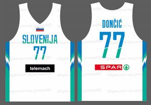 Maillot de basket-ball personnalisé de l'équipe de Slovénie #77 Luka Doncic #77, haut imprimé blanc et bleu avec n'importe quel nom et numéro, 2022