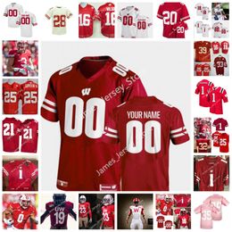 Custom 2022 NCAA Wisconsin Badgers genaaid voetbaljersey 85 Clay Cundiff 10 Stephan Bracey 25 Isaac Smith 90 James Thompson Jr. 14 Preston Zachman Quan Easterling