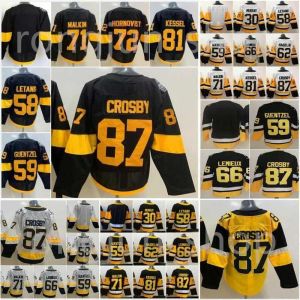 Custom 2022 Pittsburgh 87 Sidney Crosby Hockey Jerseys 71 Evgeni Malkin 59 Jake Guentzel 58 Kris Letang 66 Lemieux Alternate Black Penguin S