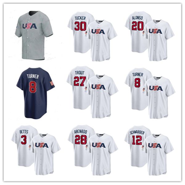 Custom 2023 Team USA Baseball Jersey Mike Trout Trea Turner Adam Ottavino Mookie Betts Nolan Arenado Kyle Schwarber Kyle Tucker Pete Alonso J.T.Maillots realmuto