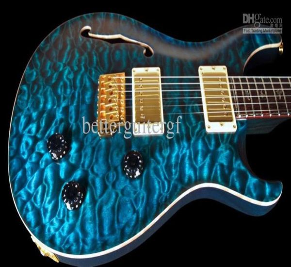 Custom 22 Private Stock brasileño LTD Blue Qulit Maple Top Semi Holllow Body Guitarra eléctrica Abalone Neck Binding Birds Fingerbo3555567