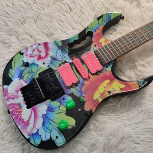 Personnalisé 24 frettes 77FP2 Steve Vai Flower Pattern Guitare électrique Green Vine Incrustation de touche Floyd Rose Tremolo Bridge HSH Pink Pickups Black Hardware