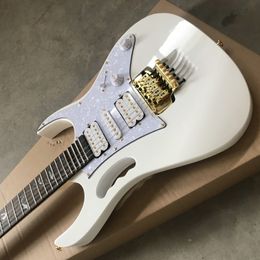 Custom 24 frettes 77V WH Blanc Steve Jem Guitare électrique Manche festonné Abalone Arbre de ligne Inlay Gold Floyd Rose Tremolo Cordier Monkey Grip Lion Claw Cavity