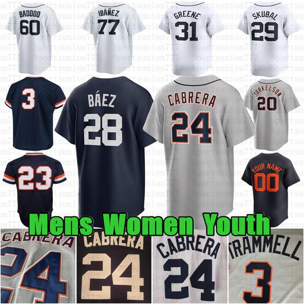 Custom 24 Miguel Cabrera Baseball Jersey Javier Bae Spencer Torkelson Riley Greene Tarik Skubal Jack Flaherty Akil Baddoo Parker Meadows Kirk Gibson Andy