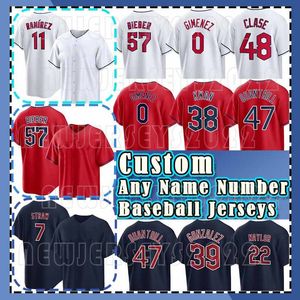 11 Jose Ramirez 57 Maillot de baseball Shane Bieber 0 Andres Gimenez 12 Dusty Baker Cleveland Myles Straw Steven Kwan Cal Quantrill Emmanuel Clase Triston McKenzie Bell