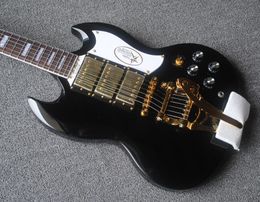 Aangepaste 3 humbuckers pickups Black Electric Guitar Bigs Tremolo Bridge Gold Hardware White Pickguard