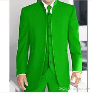 Herenpakken Blazers Custom 3 Piece Green Mandarin Collar Past Heren Formele Bruiloft Tuxedos (Coat + Pants + Vest) MA!