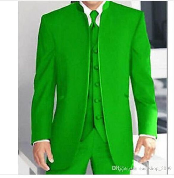 Costumes pour hommes Blazers Custom 3 Piece Green Mandarin Collar Suits Tuxedos de mariage formel pour hommes (manteau + pantalon + gilet) sur commande