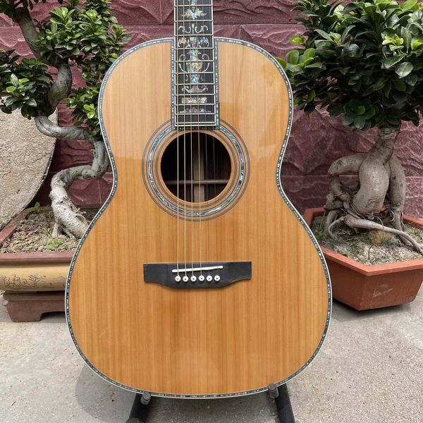 Guitarra acústica vintage personalizada de 39 pulgadas estilo envejecido AAAA madera de cedro sólido OOO cuerpo elegante abulón todo vid folk clásico