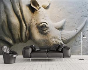 Papel tapiz de animales 3d personalizado, Mural de pared de fondo de rinoceronte en relieve 3D, impresión Digital, hermoso papel tapiz decorativo HD