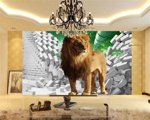 Papel tapiz de animales 3d personalizado, el león feroz que sale a través de la pared, papel tapiz de decoración de interiores Superior HD