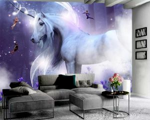 Papier peint Animal 3d personnalisé cheval blanc dans la forêt de rêve, papier peint décoratif d'intérieur en soie, papier peint Mural 3d