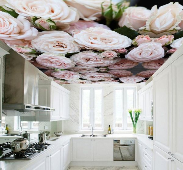Papel tapiz de techo 3D personalizado para sala de cocina, murales, papel de pared de rosa europea, Mural grande Po Mural1