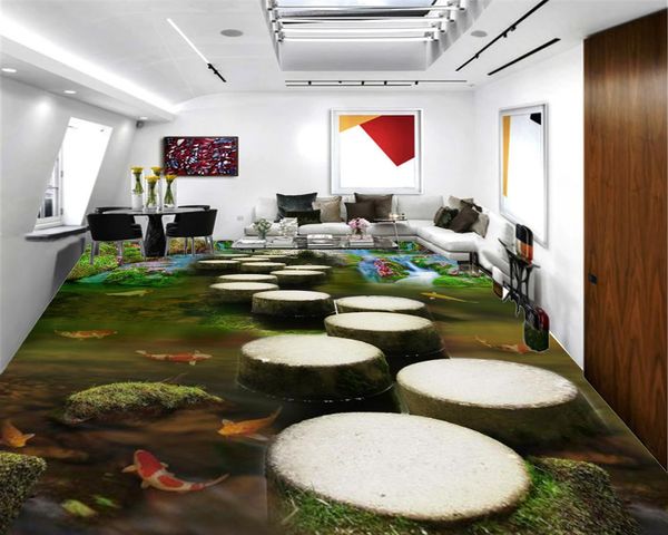 Papel pintado Mural 3D personalizado para suelo, sendero cilíndrico, paisaje de pez de la suerte, sala de estar, dormitorio, papel tapiz Interior de suelo 3D