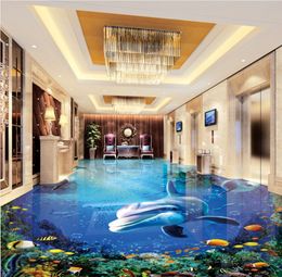 Personnalisé 3D sol Mural papier peint papiers peints décor à la maison moderne dauphin océan salon chambre salle de bain sol autocollant PVC
