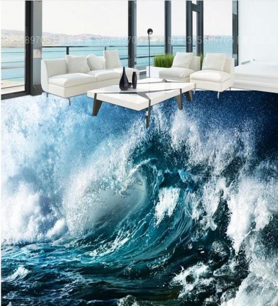 Fond d'écran de plancher 3D personnalisé Stones de la rivière moderne Salle de salle de bain Murale Blue Ocean Wave 3D Floo PVC Selfadhesive Wallpaper Waterpr2892349