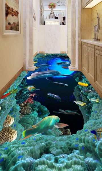 Fond d'écran de plancher 3D personnalisé Modern River Stones Planchers de salle de bain Murale le trou dans les Dolphins PVC Selfadhesive Wallpaper Waterp9822798