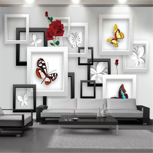 Papel tapiz floral 3D personalizado Hermosas flores Marco de fotos de mariposa Exquisito mural Decoración para el hogar Papeles de pared antiincrustantes impermeables