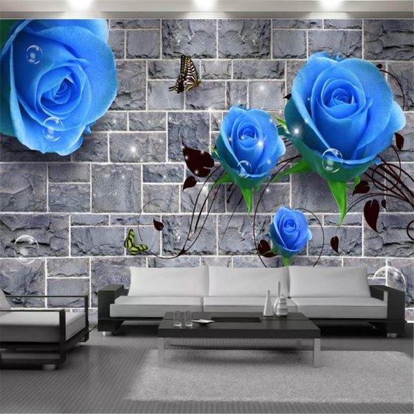 Papel tapiz de flores 3d personalizado, pared de ladrillo cian, rosa azul encantadora, sala de estar, dormitorio, decoración del hogar, pintura, Mural, papel tapiz, revestimiento de paredes