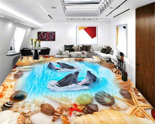 Personnalisé 3d Accueil Plancher Papier Peint Mural Belle Conque Shell Dauphin Natation HD Intérieur Plancher Papier Peint