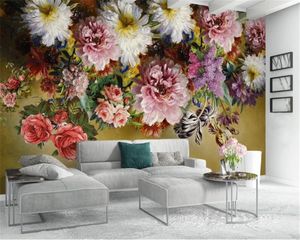Custom 3D Woon behang Europese Retro Hand-Painted Rose Flower TV achtergrond wanddecoratie muurschildering behang