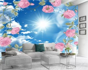 Aangepaste 3d landschap behang delicate bloemen blauwe hemel witte wolken heldere zon mooi landschap HD muurschildering behang