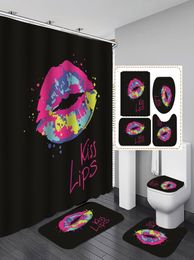 Aangepaste 3D lip douchegordijn Set 4 stks rode lippen bedrukte ontwerpers badkamer set toiletkapmat op voorraad voor vrouwen7643750
