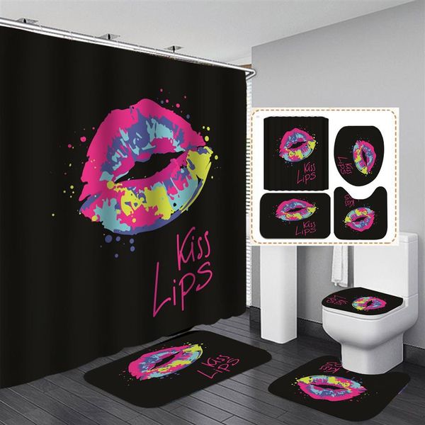 Personnalisé 3D Lip Rideau De Douche Ensemble 4 PCS Rouge Lèvres Imprimé Designers Salle De Bains Ensemble Couverture De Toilette Tapis En Stock pour Women260u