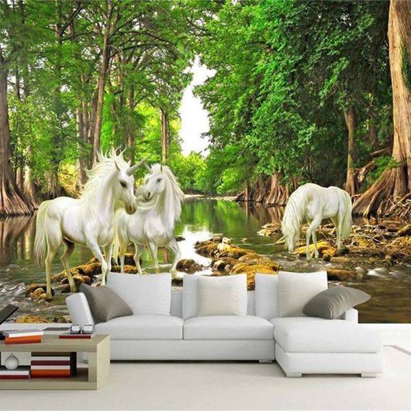 Mythes sur mesure Peinture murale européenne 3D Unicorn In The Forest River Photo Wallpaper Living Room Sofa Backdrop Wall Paper Décoration