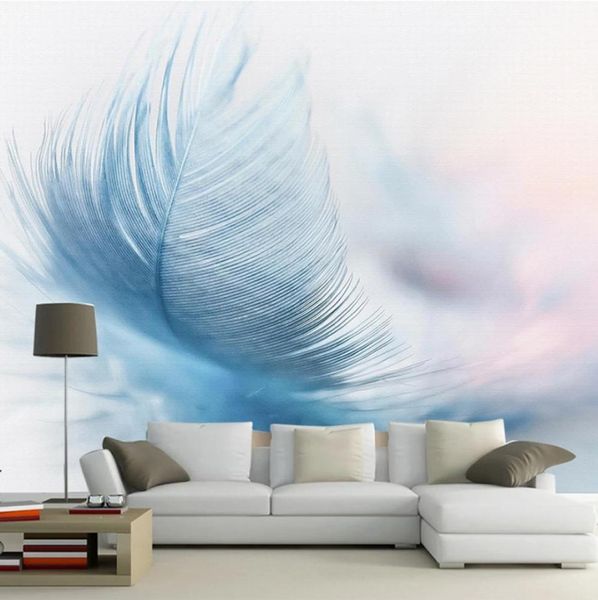 Personnalisé 3D Murale Moderne Mode Belle Plume Bleue Papier Peint Salon TV Canapé Fond Mur Décor À La Maison Papel De Parede2830850