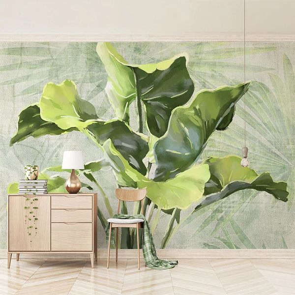 Papel tapiz Mural 3D personalizado pintado a mano, Fresco de hoja de plátano verde, lona impermeable, papel decorativo para pared de dormitorio, cocina y comedor