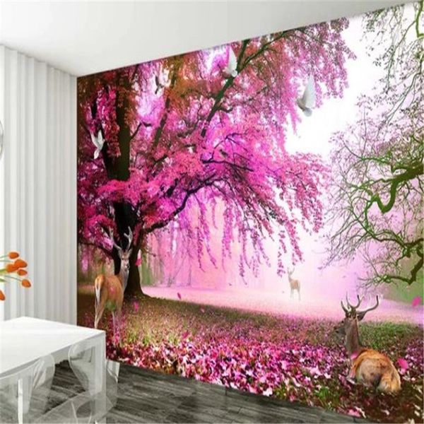 Fond d'écran mural 3D personnalisé Sika Deer Fantasy Cherry Tree Living Room TV Background Bound Wall Painting Wallpaper 279Z