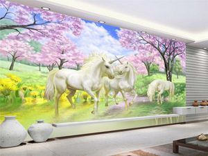 Papier peint Mural 3D personnalisé, licorne rêve fleur de cerisier, images murales de fond TV pour chambre d'enfants, chambre à coucher, salon, papier peint 1667468