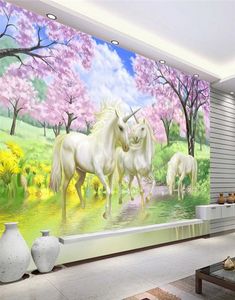 Fond d'écran mural 3D personnalisé Unicorn Dream Cherry Blossom TV Fondations Mur Mur pour les enfants chambre à coucher salon Wallpaper 3427310