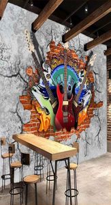 Aangepaste 3D muurschilderingen behang gitaar rots graffiti kunst gebroken bakstenen muur KTV bar tooling woondecoratie muurschildering muurschildering Fresco7307036