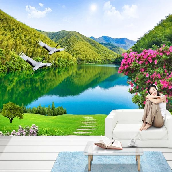 Personnalisé 3D photo auto-adhésif fond d'écran HD forêt montagne lac naturel peinture peinture salon fond mural mural
