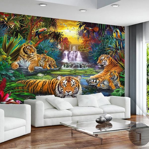 Personnalisé 3D Photo Wall Original Forest Waterfall Tigres Animal Grand papier peint mural Salon Chambre à coucher imperméable