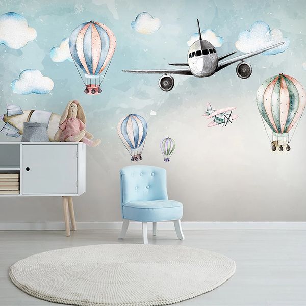 3D sur mesure Photo Wallpaper Cartoon Avion Montgolfières Enfants Chambre Chambre chevet Papier peint non tissé Papel De Parede