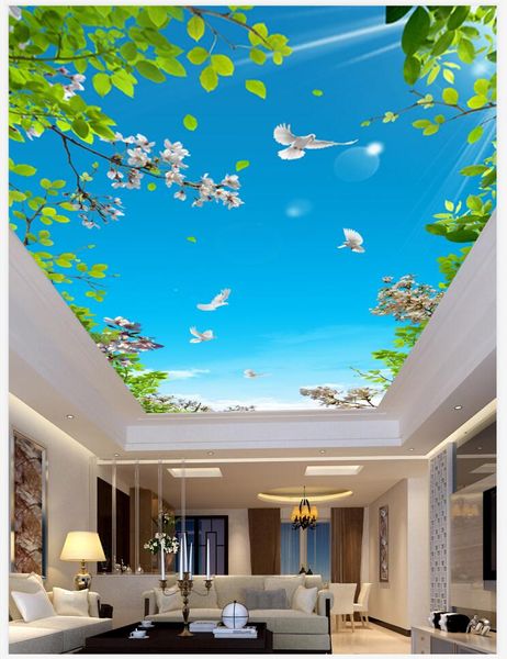 Sur mesure 3D Photo plafonds Fond d'écran vert fleurs fraîches et belles feuilles ciel bleu peinture murale plafond colombe blanche