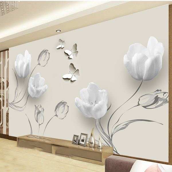 Personnalisé 3D Photo Papier Peint Mode Minimaliste Tulipe Papillon Art Mural Salon Canapé Fond Décoration de La Maison