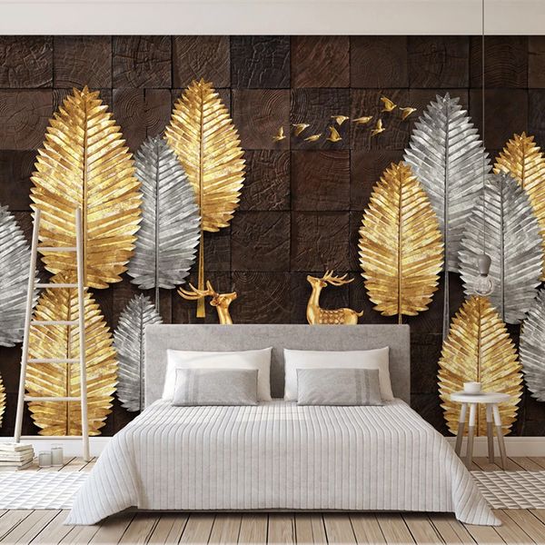 Papier peint Photo 3D personnalisé, Grain de bois moderne, feuilles d'arbre doré, oiseau d'élan, grande décoration murale pour chambre à coucher et salon, peinture murale