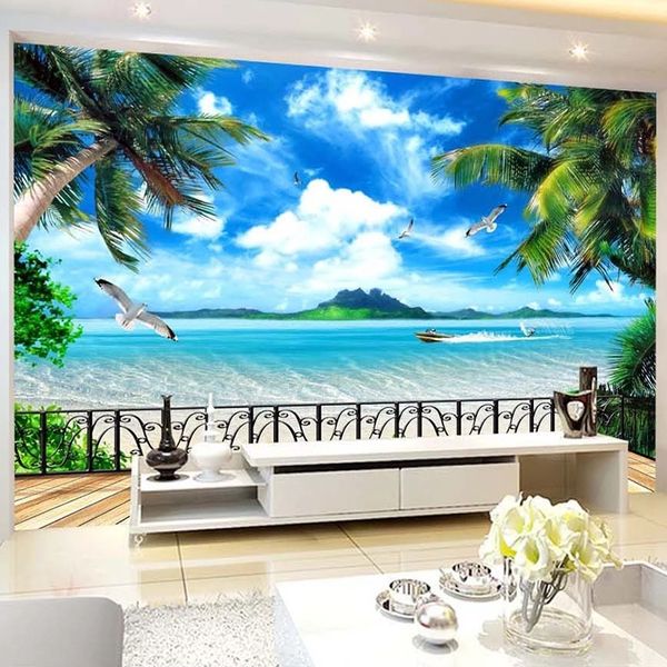 3D Photo personnalisée Fond d'écran mural Plage Balcons Mer Paysage Peinture murale Salon Décoration Papel De Parede