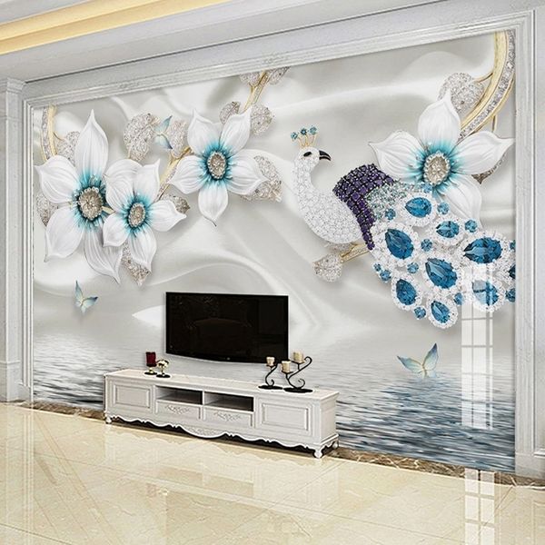 Photo 3D personnalisée fleur blanche, bijoux diamant paon, salon, arrière-plan de la télévision, Art Mural, toile imperméable, papier peint Mural en tissu